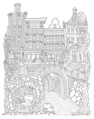 Fairy tale old medieval town houses street, stone arch bridge over the river, underground shelter with furniture. Adults coloring book page