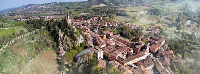 Tafelkleed one of the most beautiful medieval villages of Italy, Emilia romagna region- Brisighella in Ravenna province, panoramic view of the castle and clock tower © Freesurf
