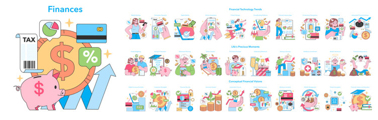 Finances big set. Personal finance: budgeting, savings and investment. Modern banking technology, digital wallet management. Financial literacy and independence. Flat vector illustration