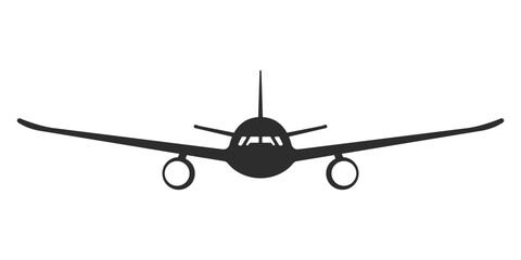 Airplane black vector icon. Airplane silhouette icon. Air transport logo. Aircraft symbol in front. High-speed passenger plane. Vector illustration.