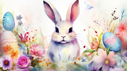 Easter greeting card with a cute bunny surrounded by spring flowers and colored eggs, watercolor. Happy Easter concept.