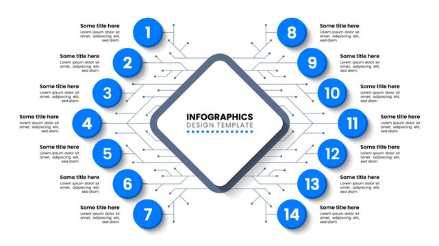 Infographic template. A chip with 14 steps and numbers