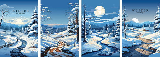 banner of winter landscape set, plants, tree and snow, mountain, river, Vector illustration, landscape background, wallpaper, poster