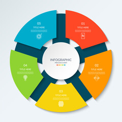 Infographic circle with 5 options, parts. 5-step cycle diagram for business infographics. Process chart, vector template for presentation, report, brochure, web, data visualization.