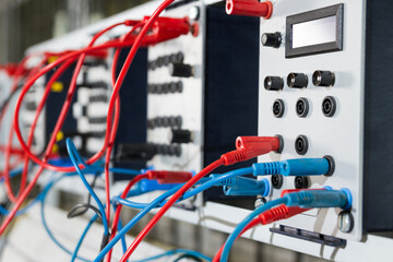 Electronic and magnetic panel with blue and red wires.
