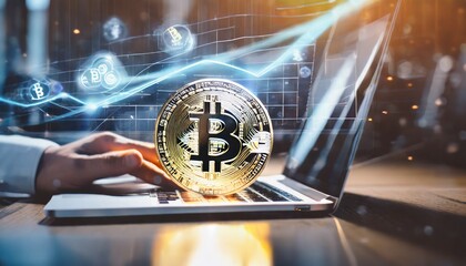 security concept, bitcoin gold coin with laptop background, generative artificial intelligence tools