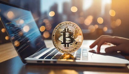 bitcoin gold coin with laptop background, generative artificial intelligence tools
