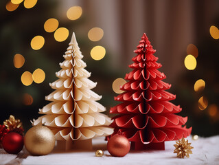 Homemade paper decorations in the form of Christmas trees for Christmas, the bokeh effect. Handmade, winter, holidays, photorealism.