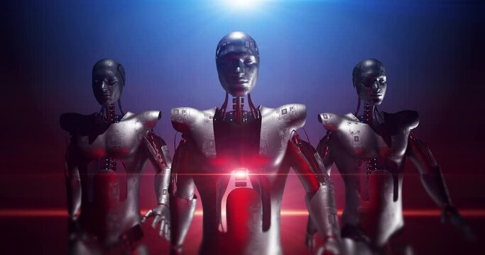 Armed Powerful Fearless AI Robots Confidently Walking To The Camera. Laser Lights. Technology Related 3D Animation.