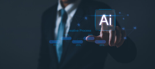 Businessman taps AI showing connection using AI smart robot technology, concept of Ai technology...