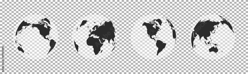 Poster earth globe set. world map in the form of a globe. collection of transparent earth globes on a trans
