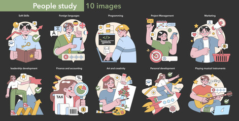 Lifelong learning and skill development set. Diverse people engaged in education from soft skills to musical talent. Flat vector illustration.