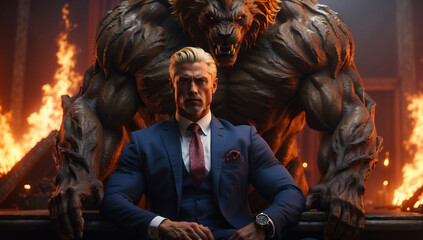 Obraz premium A man in a suit is controlled by evil.