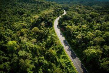 Aerial View Of Road Through Healthy Rainforest, Promoting Environmental Health