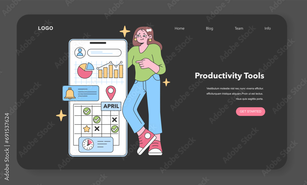 Poster digital planning concept. woman interacting with a large smartphone showcasing profile data performa