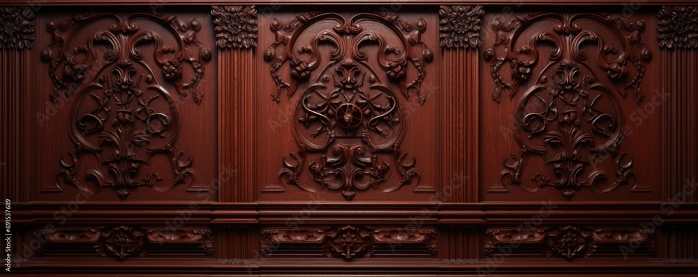 Wall mural detailed patterns carved in rich antique wood, textured background