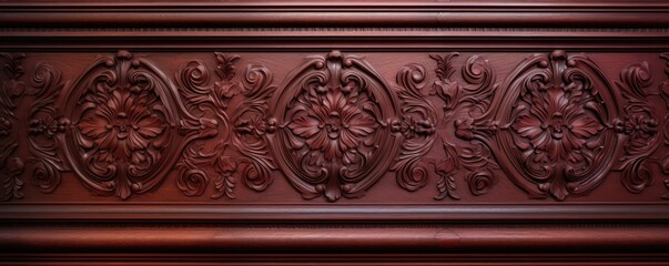 Detailed patterns carved in rich antique wood, textured background