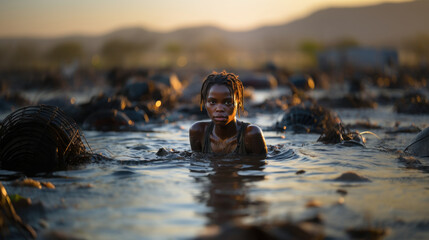 African girl swim in dirt lake in Danakil desert at Dallol, Ethiopia. - obrazy, fototapety, plakaty