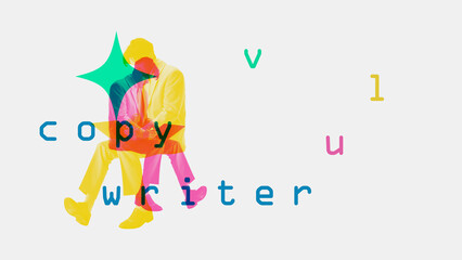 Young man working on laptop, creating selling, attractive text. Copywriter profession. Freelancer....