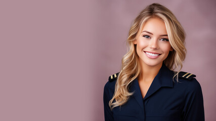 Blonde woman in navy uniform smiling isolated on pastel background - obrazy, fototapety, plakaty