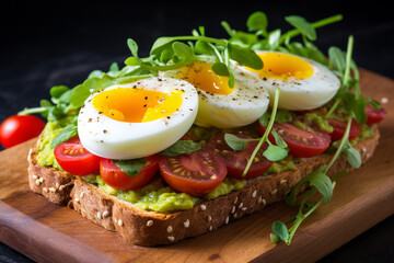 Fototapeta na wymiar Set of breakfast sandwich bread with avocado, tomatoes, egg, radishes 