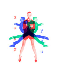 Young people. men and women working online. Support in different directions. Contemporary art collage. Concept of business, co-workers, assistance, cooperation, customer support