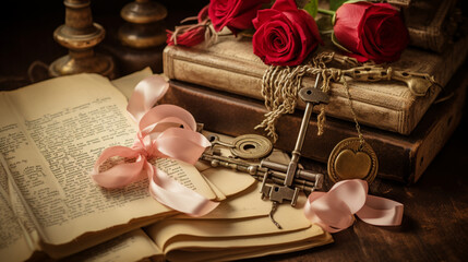  a creative composition of love letters, red ribbon, and vintage keys, symbolizing the timeless and sentimental aspects of celebrating Valentine's 