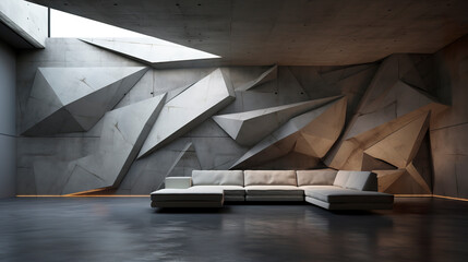 Concrete interior with abstract polygonal shapes with lines and angles in a unique and modern vision. Concrete texture in interior combining solidity with creative expression. - obrazy, fototapety, plakaty
