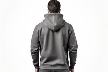 Man In Dark Gray Hoodie On White Background, Back View, Mockup. Сoncept Fashionable Fall Outfits, Cozy Sweaters, Stylish Boots, Layering Techniques, Trendy Accessories