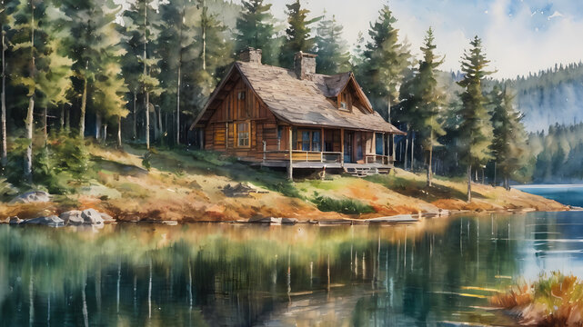 Watercolor illustration of a cabin by the lake. AI generated
Watercolor illustration of a cabin by the lake. AI generated
​