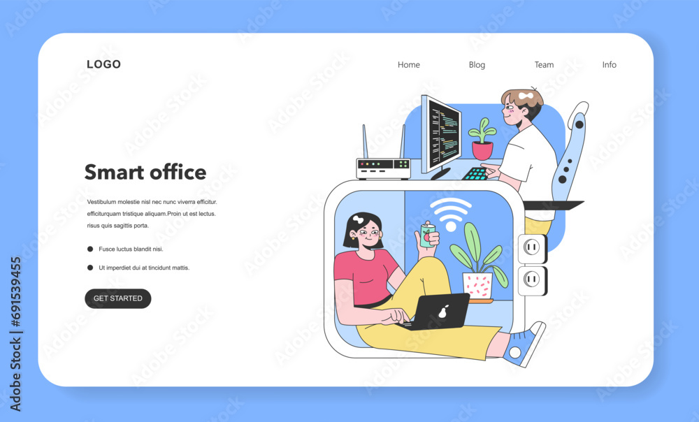 Poster digital workspace concept. two professionals collaborating in a tech-enriched environment, surrounde