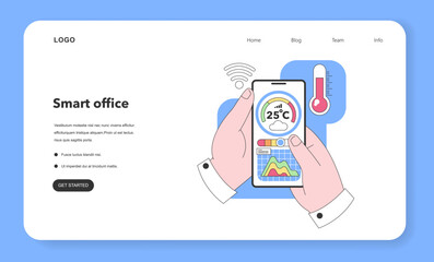 Hand holding a smartphone displaying weather data. Cloud, temperature, and colorful graphs indicate current conditions. Nearby a red thermometer shows the ambient temperature. Flat vector illustration