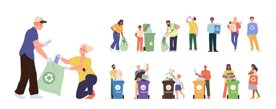 People cartoon characters gathering, sorting garbage for recycling putting waste in bin isolated set