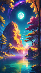 Obraz premium Brightly colored mountains and rivers and the moon Created by Ai