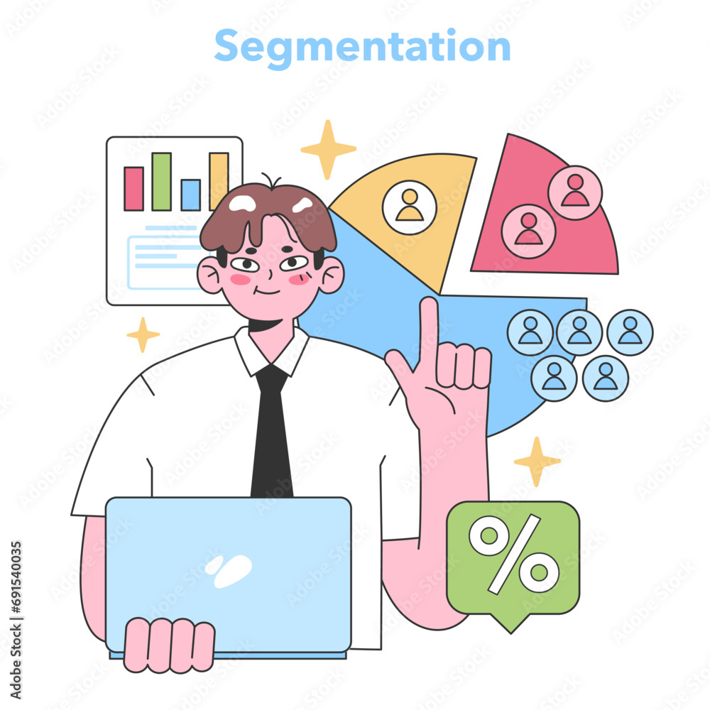 Poster segmentation strategy concept. professional with a laptop, breaking down data into distinct segments