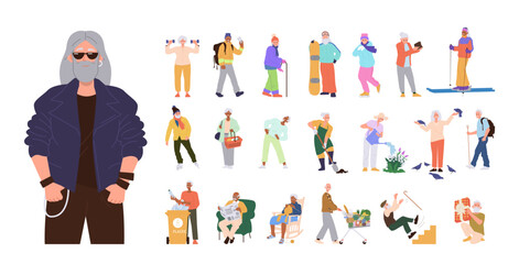 Elderly people cartoon characters everyday routine, daily activities, sport and hobby isolated set - obrazy, fototapety, plakaty