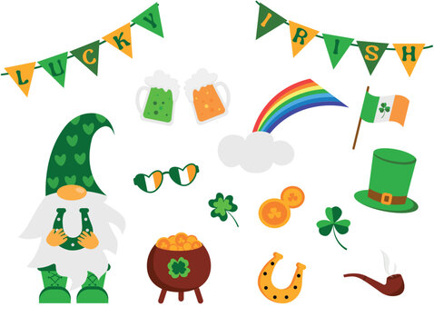 Set of items, icons for St. Patrick's Day isolated on a white background. Flat style design elements for party, sale, photo booth props.