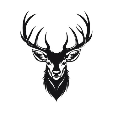 Wildlife Forest Animal Portrait Logo - Vector Illustration of a Majestic Deer Head with Horns (Stag/Hart) - Black Silhouette Isolated on White Background and PNG