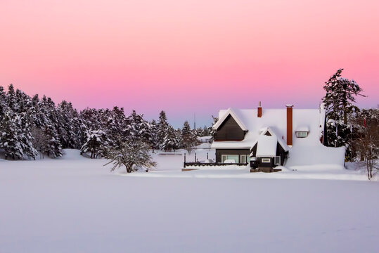 Golcuk, Bolu / Turkey, winter season landscape. Sunset view. Travel concept photo.