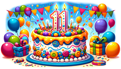 11 year old birthday cake or 11 year anniversary cake celebration with balloons and party decoration	
