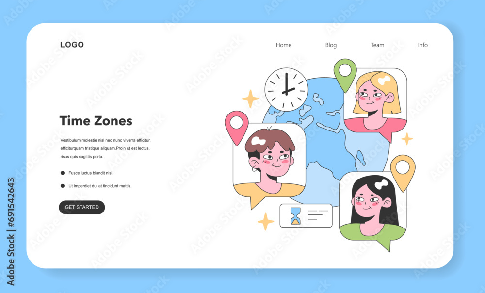Poster global teammates interact across time zones, highlighted by map pins and clocks, showcasing worldwid