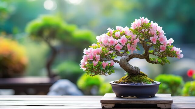 blossom bonsai tree in pot on table, Generative Ai	
