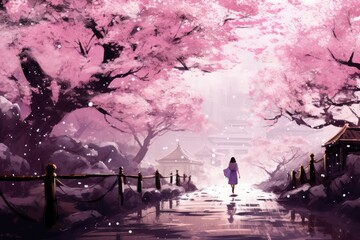 A girl walks along an alley in a cherry blossom 