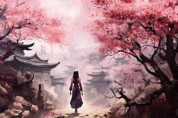 A girl walks along an alley in a cherry blossom garden. Sakura in Japan