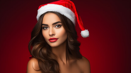 Beautiful young woman in santa hat isolated on red background. Winter New Year website header for Black Friday.