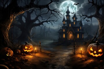 A haunted house with pumpkins, bats and spiders. 