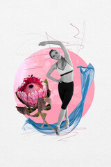 Composite collage image of young sportswoman female flower blossom stretching training lightness...