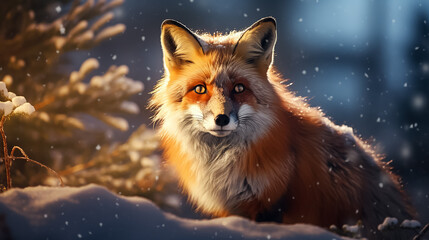 Wild red fox in a snowy winter forest.