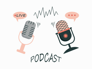Two microphones, retro style, podcasting, live broadcast, studio recording. Vector illustration, logo, icons