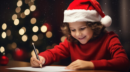 Happy little cute boy in a Santa hat writes a letter to Santa Claus. Blurred background with copyspace.